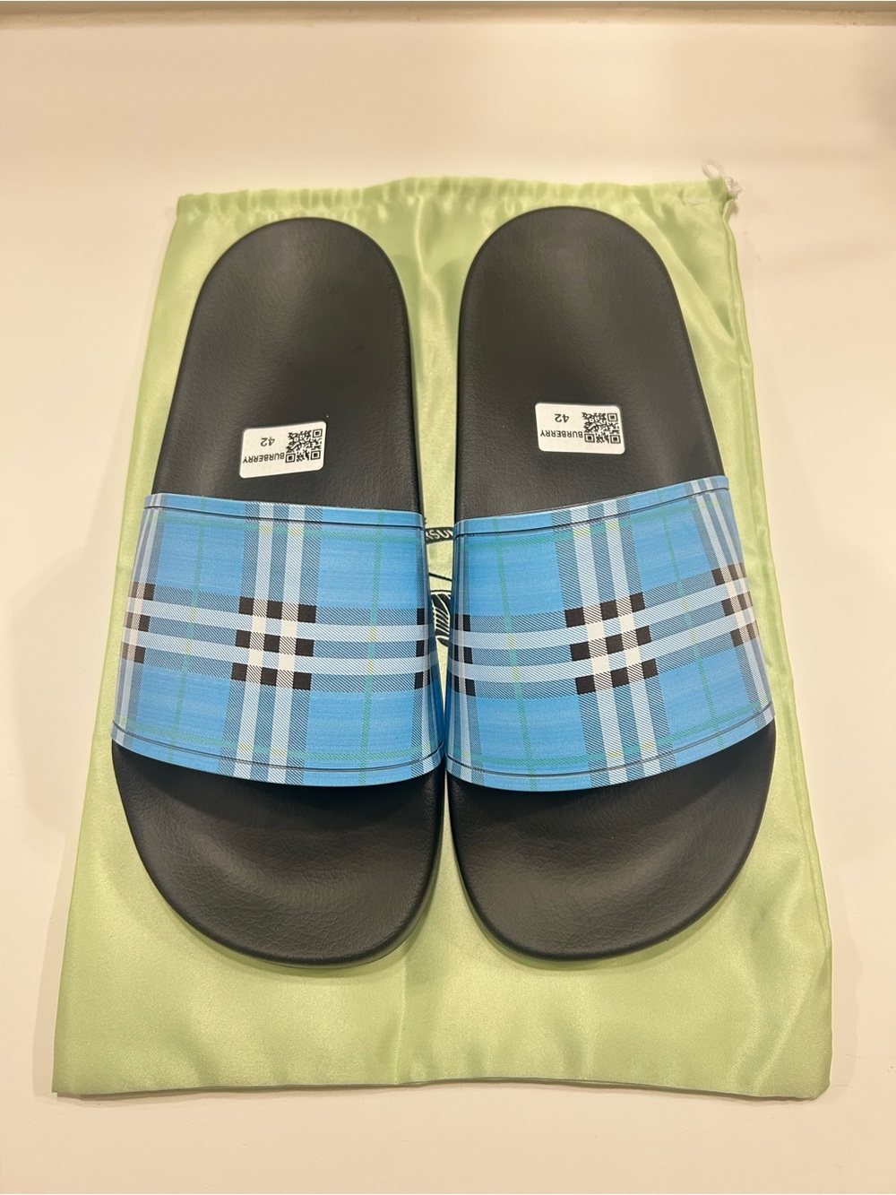 Burberry Black Footbed Blue Plaid Slide Sandals
